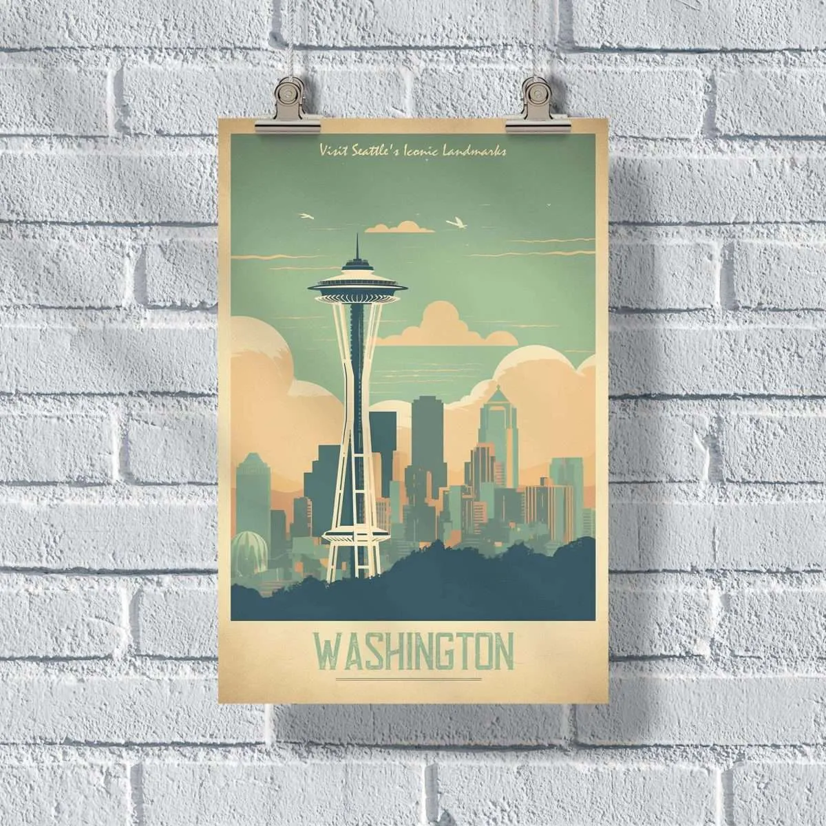 Washington Visit Seattle's Iconic Landmarks Poster