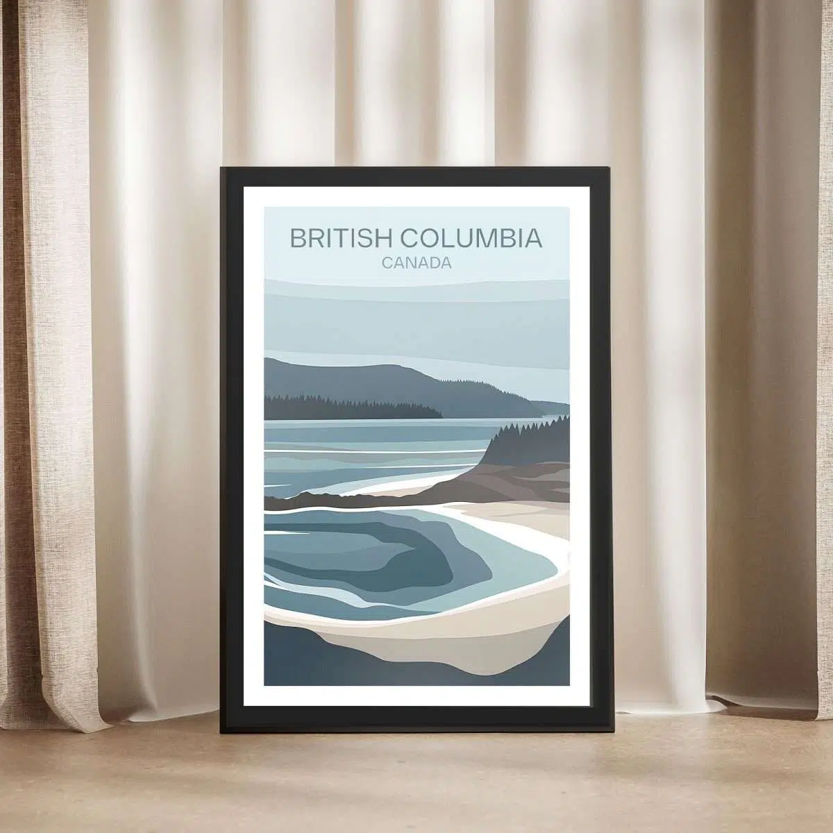 British Columbia Minimalist Pacific Coast Framed Poster UnitedWorldMemories