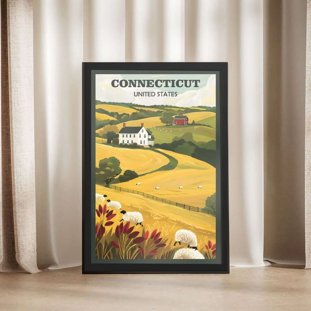 Connecticut Farmhouse Serenity Framed Poster UnitedWorldMemories